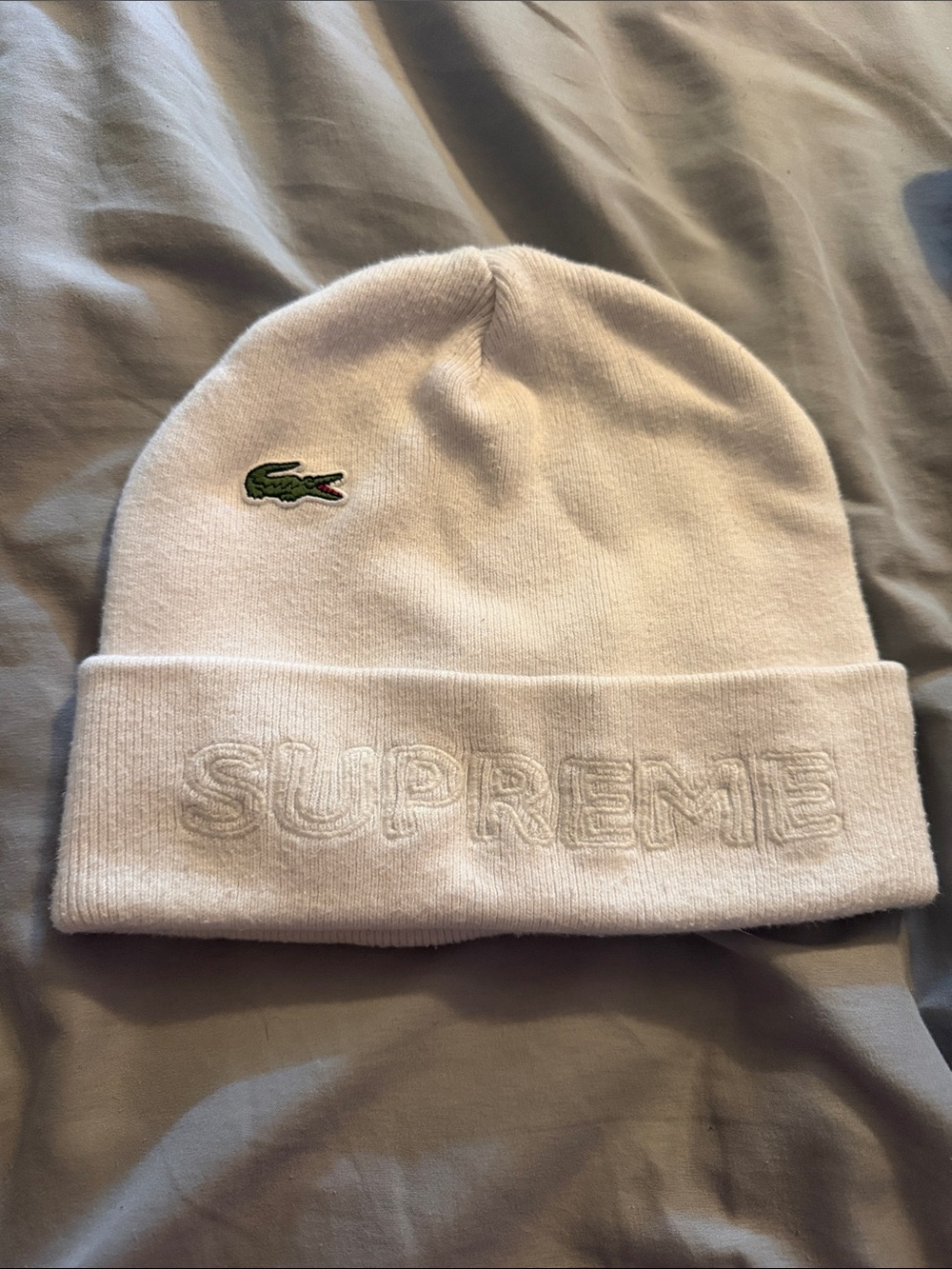 Supreme x Lacoste White Beanie with Embroidered Lacoste Crocodile